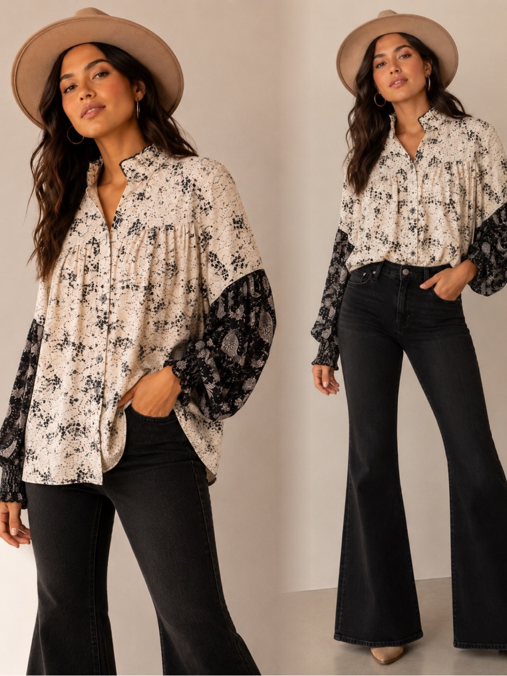 Neutral Mixed-Print Button Down Blouse - Cream & Black
